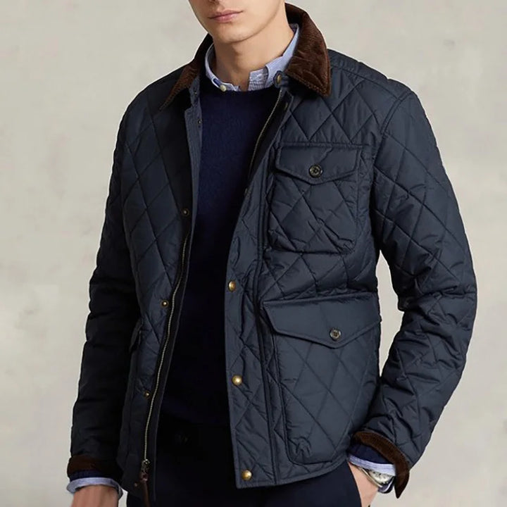 Men’s Navy Quilted Jacket Corduroy Collar