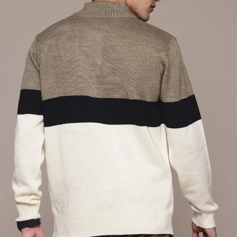 High Quality Men's High Neck with Zipper Long Sleeve Classic Basic Style Sweater Striped Pattern Knitted Jumper Autumn - Heston Manor