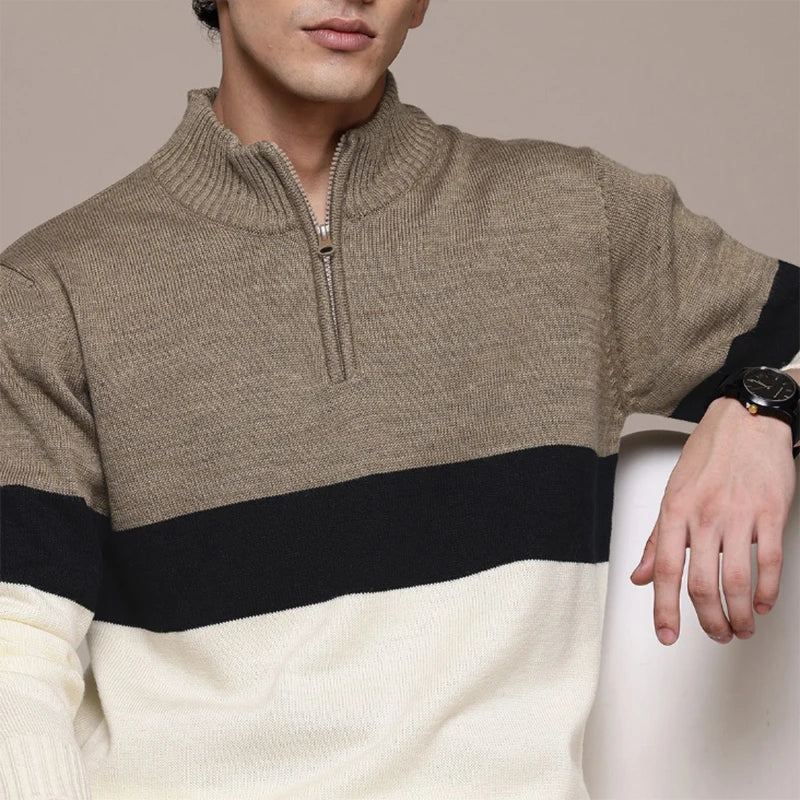 High Quality Men's High Neck with Zipper Long Sleeve Classic Basic Style Sweater Striped Pattern Knitted Jumper Autumn - Heston Manor