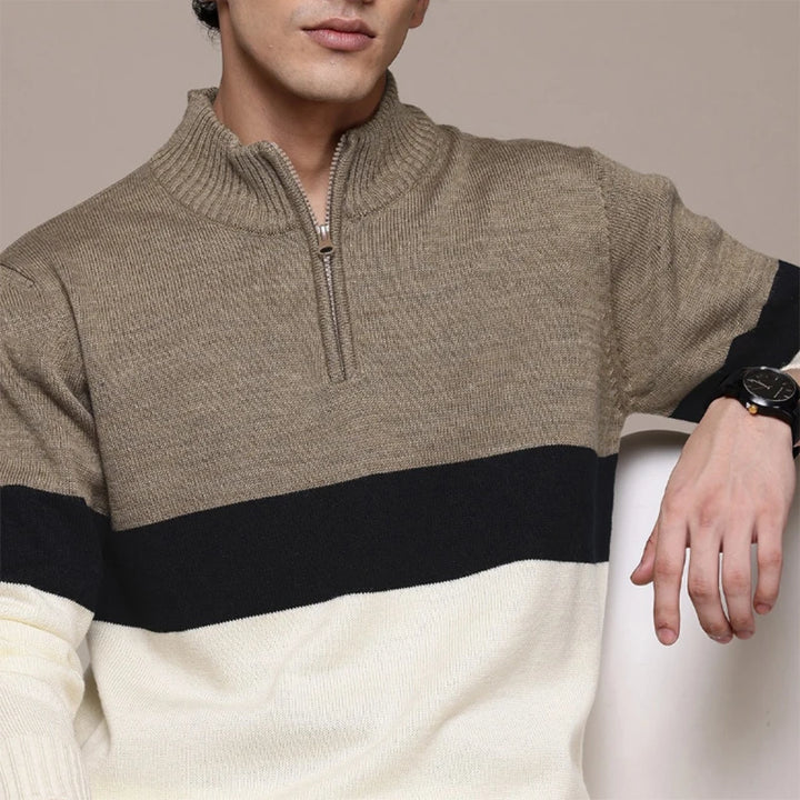 High Quality Men's High Neck with Zipper Long Sleeve Classic Basic Style Sweater Striped Pattern Knitted Jumper Autumn - Heston Manor