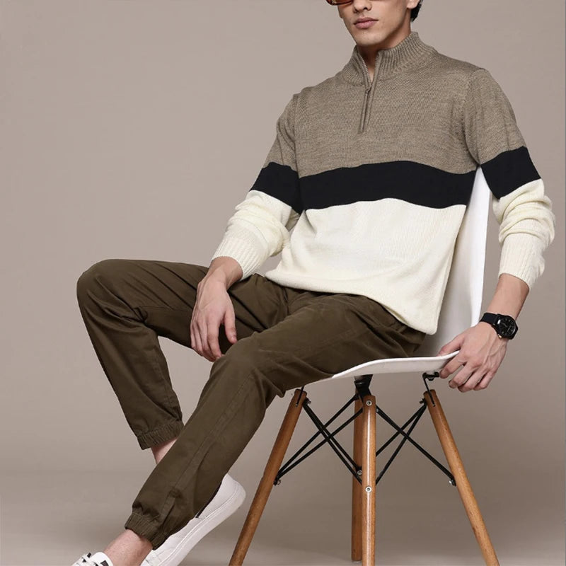 High Quality Men's High Neck with Zipper Long Sleeve Classic Basic Style Sweater Striped Pattern Knitted Jumper Autumn - Heston Manor