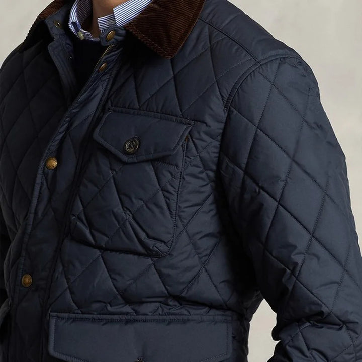 Men’s Navy Quilted Jacket Corduroy Collar