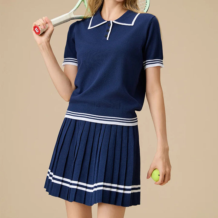 Women’s Navy Knit Two-Piece Tennis Set Polo Collar Pleated Skirt