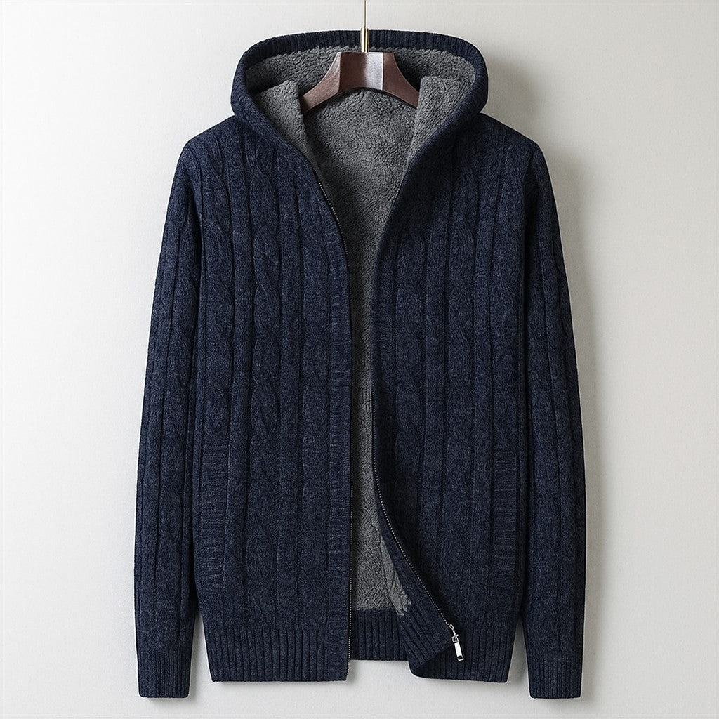 Men’s Khaki Cable Knit Hooded Cardigan – Wool Blend Zip Sweater with Fleece Lining