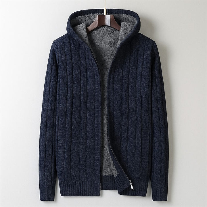 Men’s Khaki Cable Knit Hooded Cardigan – Wool Blend Zip Sweater with Fleece Lining