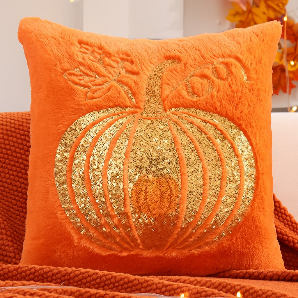 Embroidered Pumpkin Throw Pillow – Soft Plush Autumn Accent Cushions in Ivory and Orange