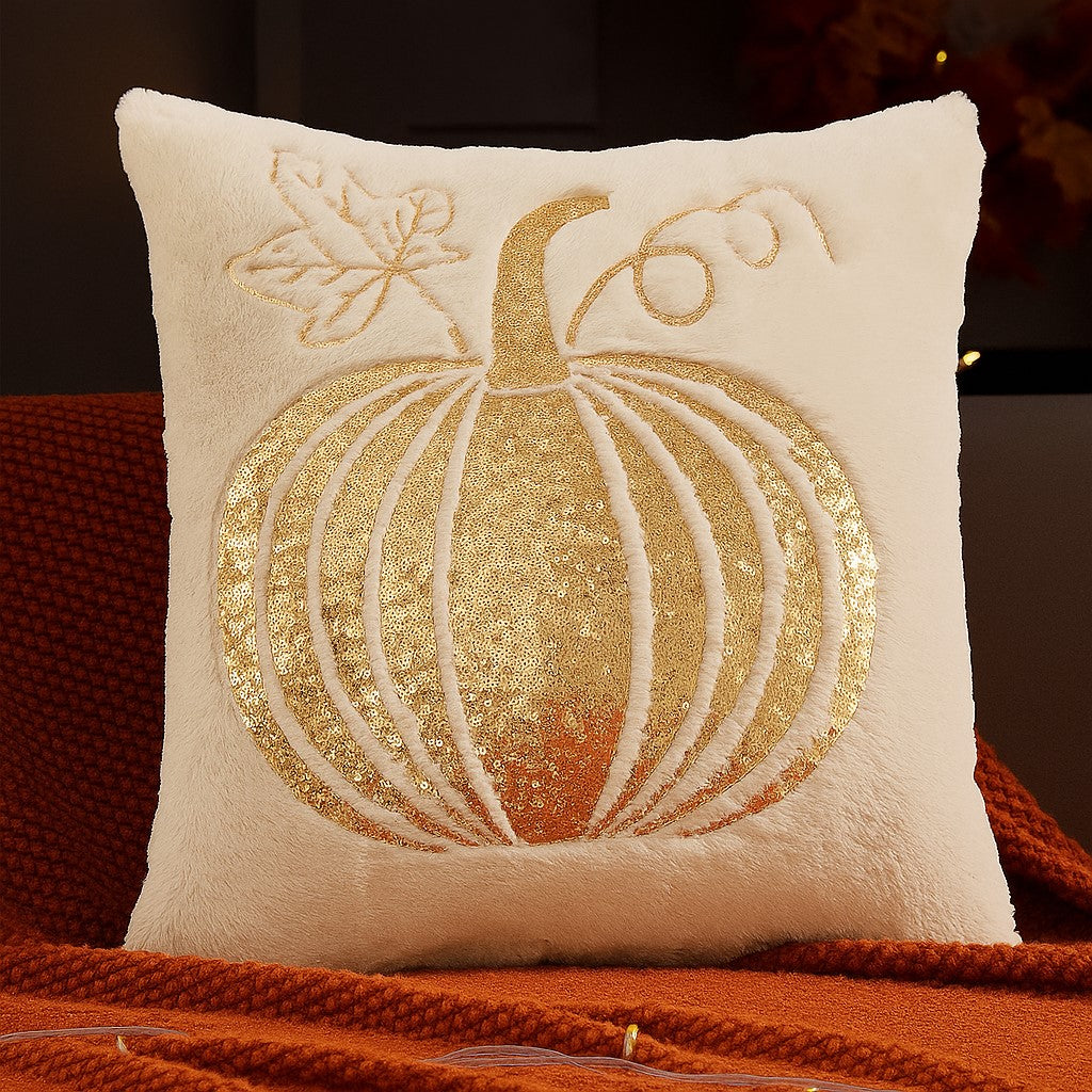 Embroidered Pumpkin Throw Pillow – Soft Plush Autumn Accent Cushions in Ivory and Orange