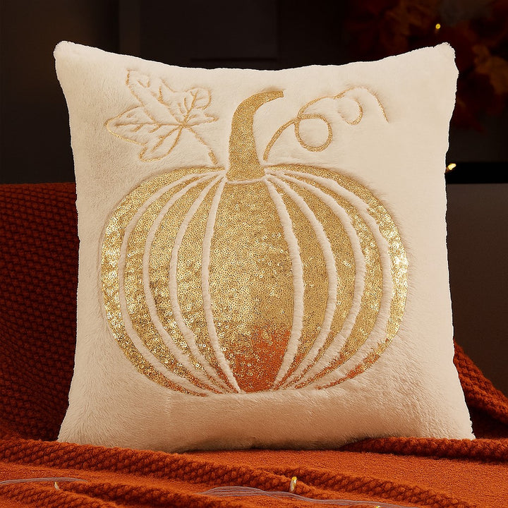 Embroidered Pumpkin Throw Pillow – Soft Plush Autumn Accent Cushions in Ivory and Orange