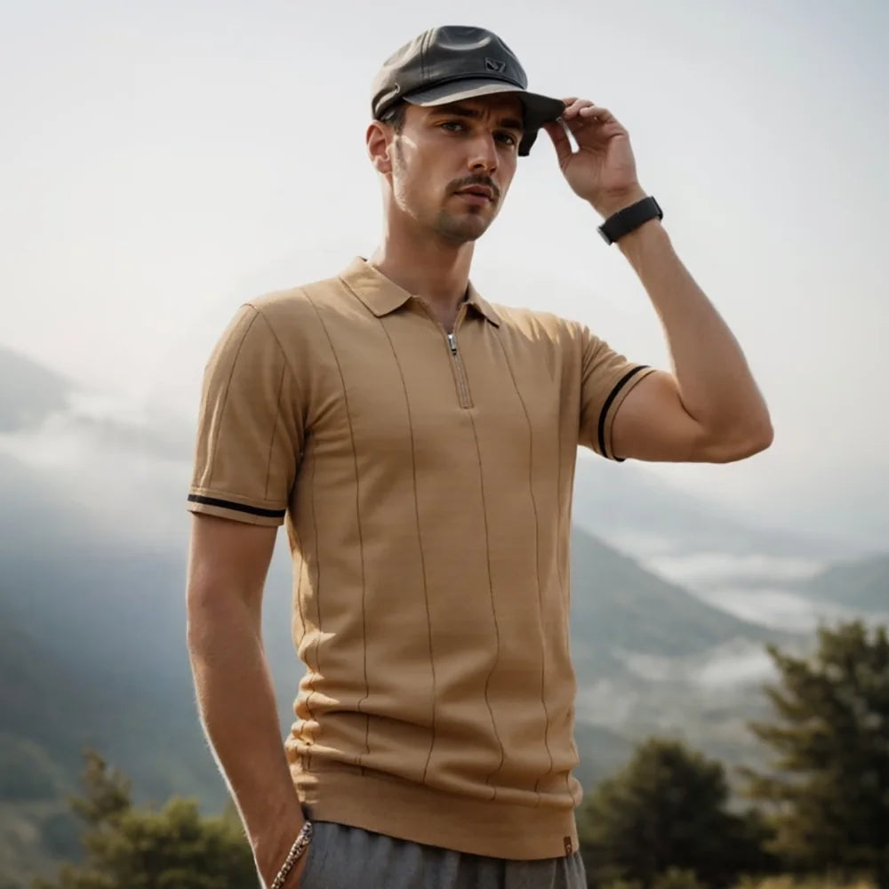 Men’s Short Sleeve Quarter-Zip Ribbed Knit Polo - Heston Manor