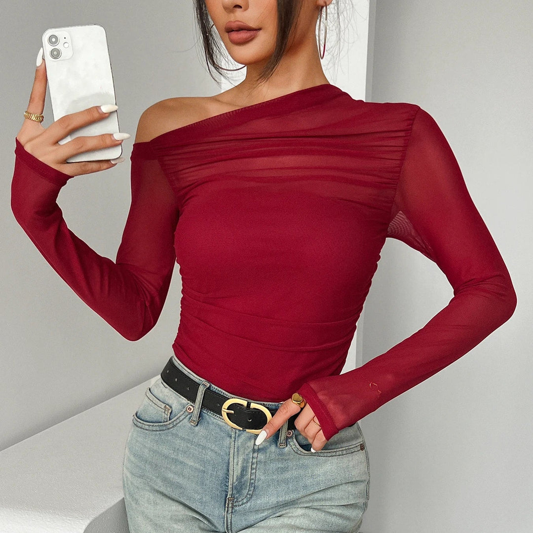 Women’s One-Shoulder Ruched Long Sleeve Top