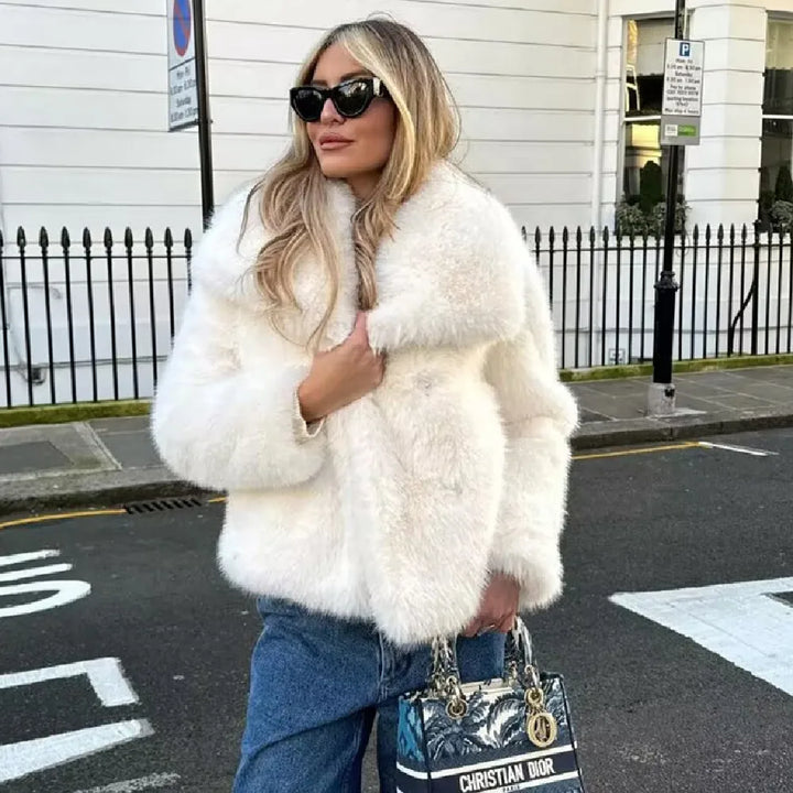 Women's Luxury Ivory Faux-Fur Coat