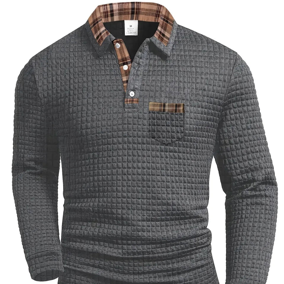 Men’s Textured Long-Sleeve Polo Shirt with Plaid Collar - Heston Manor