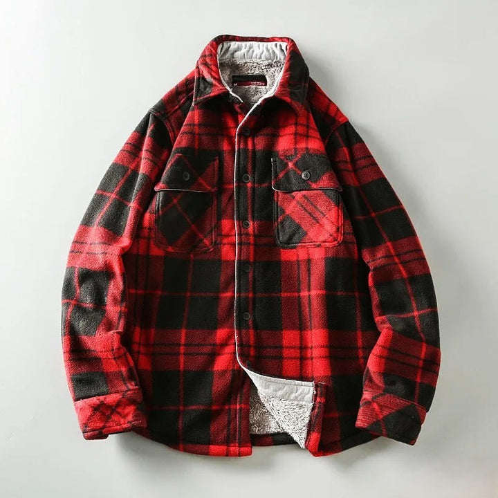 Men’s Red & Black Plaid Fleece-Lined Shirt Jacket