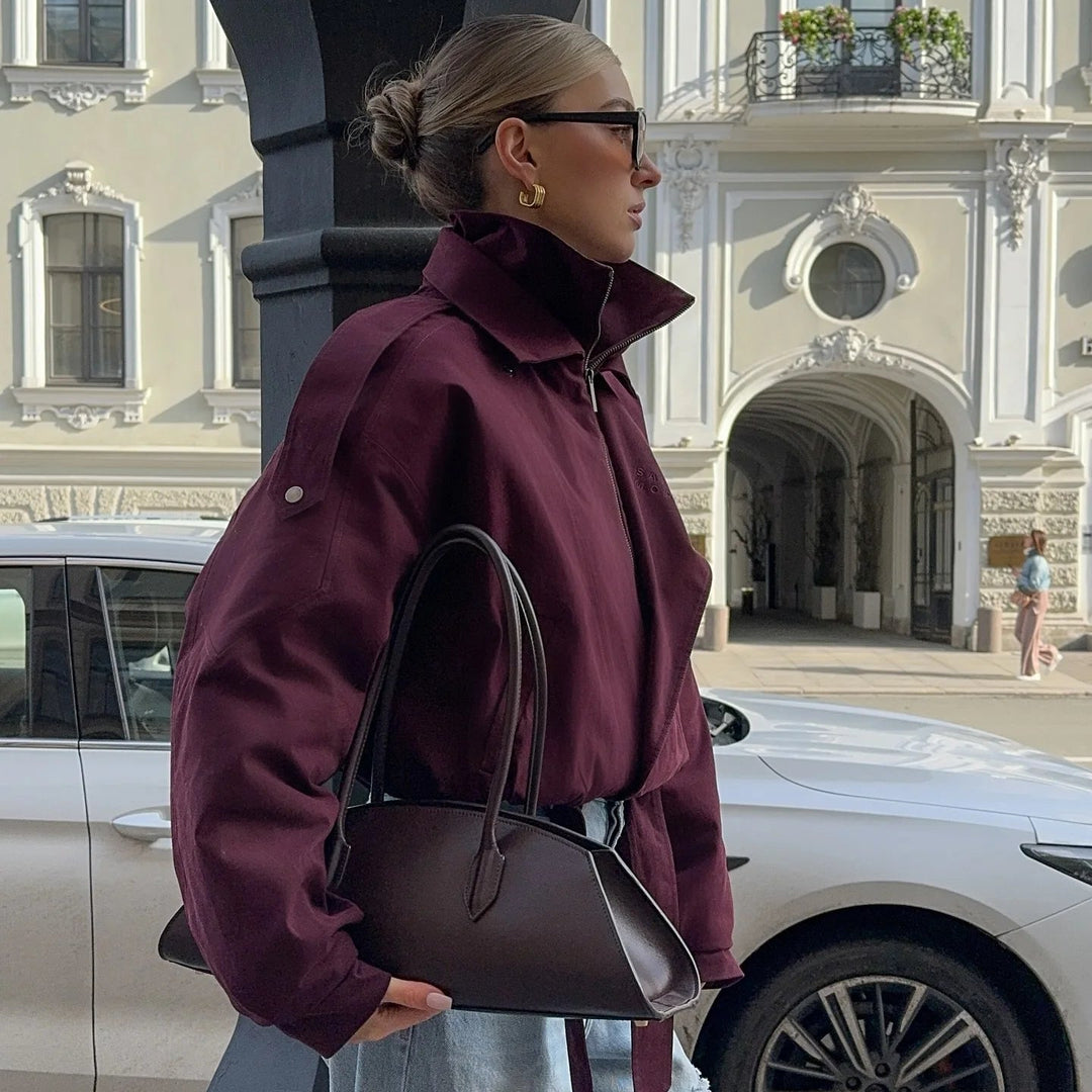Women’s Burgundy Zipper Bomber Jacket