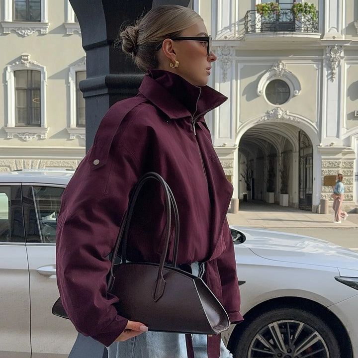 Women’s Burgundy Zipper Bomber Jacket
