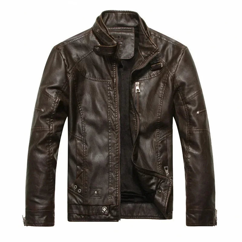 Men’s Vintage Leather Moto Jacket with Warm Polyester Lining