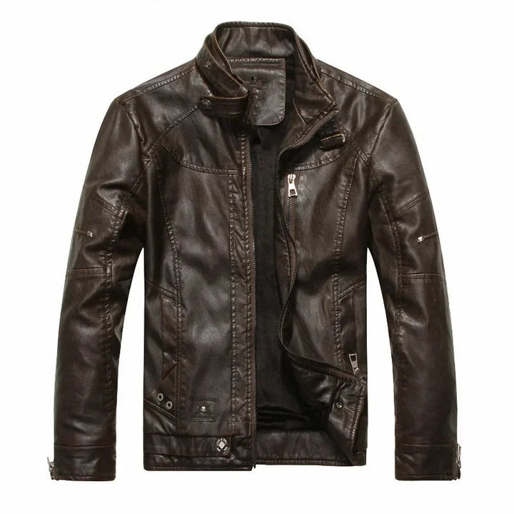 Men’s Vintage Leather Moto Jacket with Warm Polyester Lining