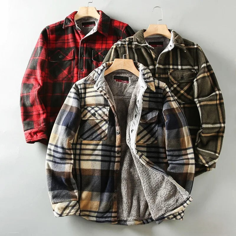 Men’s Red & Black Plaid Fleece-Lined Shirt Jacket
