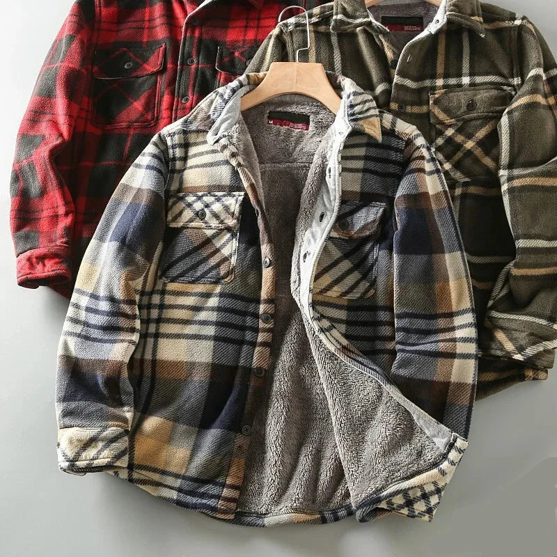 Men’s Red & Black Plaid Fleece-Lined Shirt Jacket