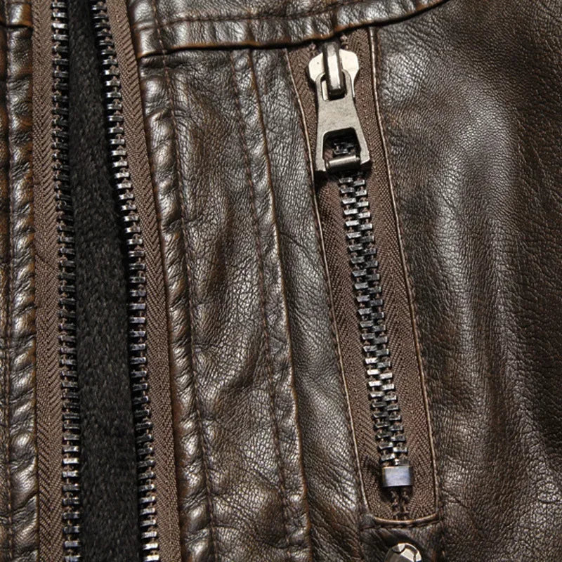 Men’s Vintage Leather Moto Jacket with Warm Polyester Lining
