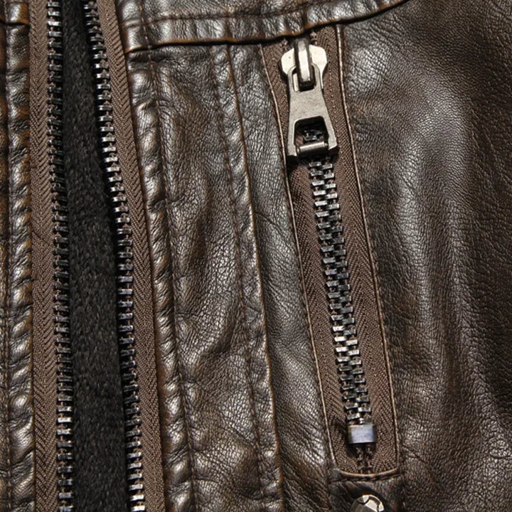 Men’s Vintage Leather Moto Jacket with Warm Polyester Lining