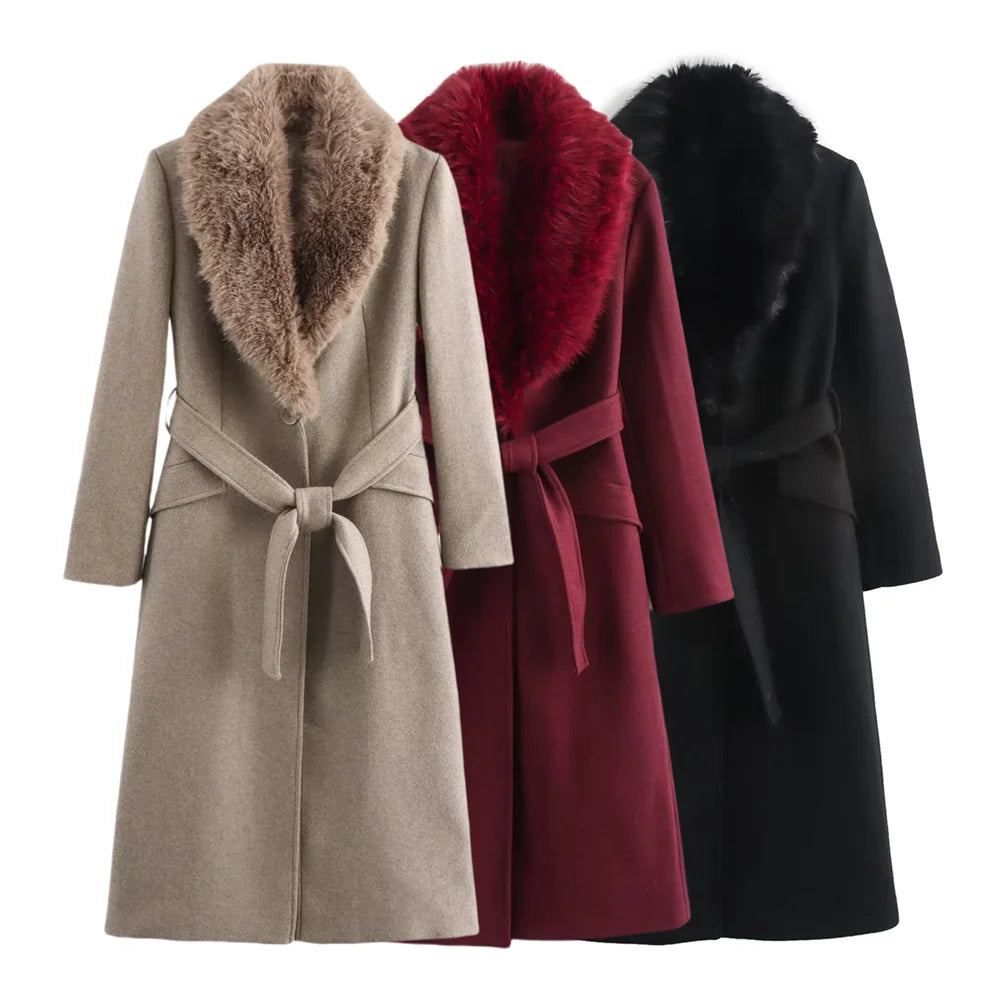 Women's Long Belted Coat with Luxe Faux-Fur Collar