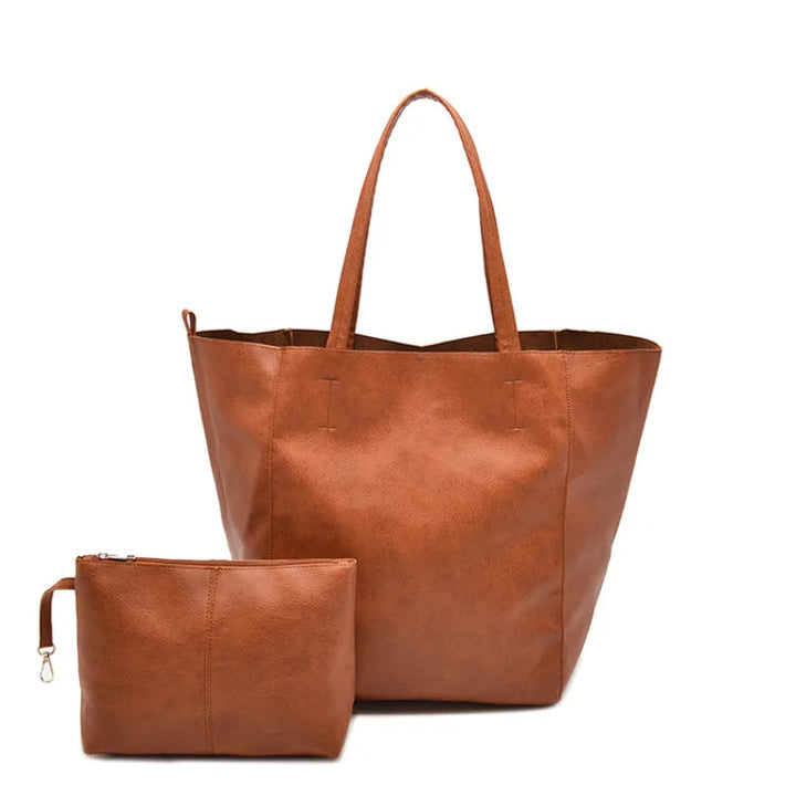 Oversized Faux Leather Tote Bag with Matching Zipper Pouch