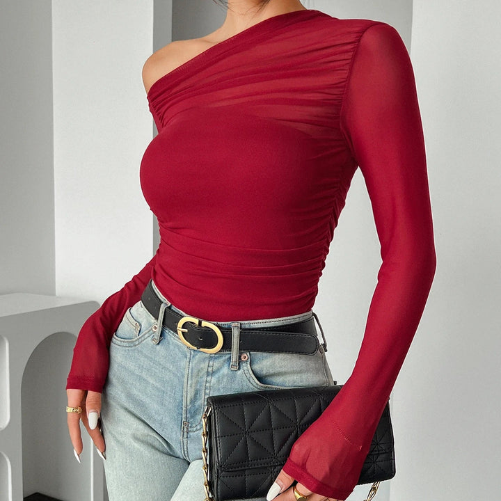 Women’s One-Shoulder Ruched Long Sleeve Top