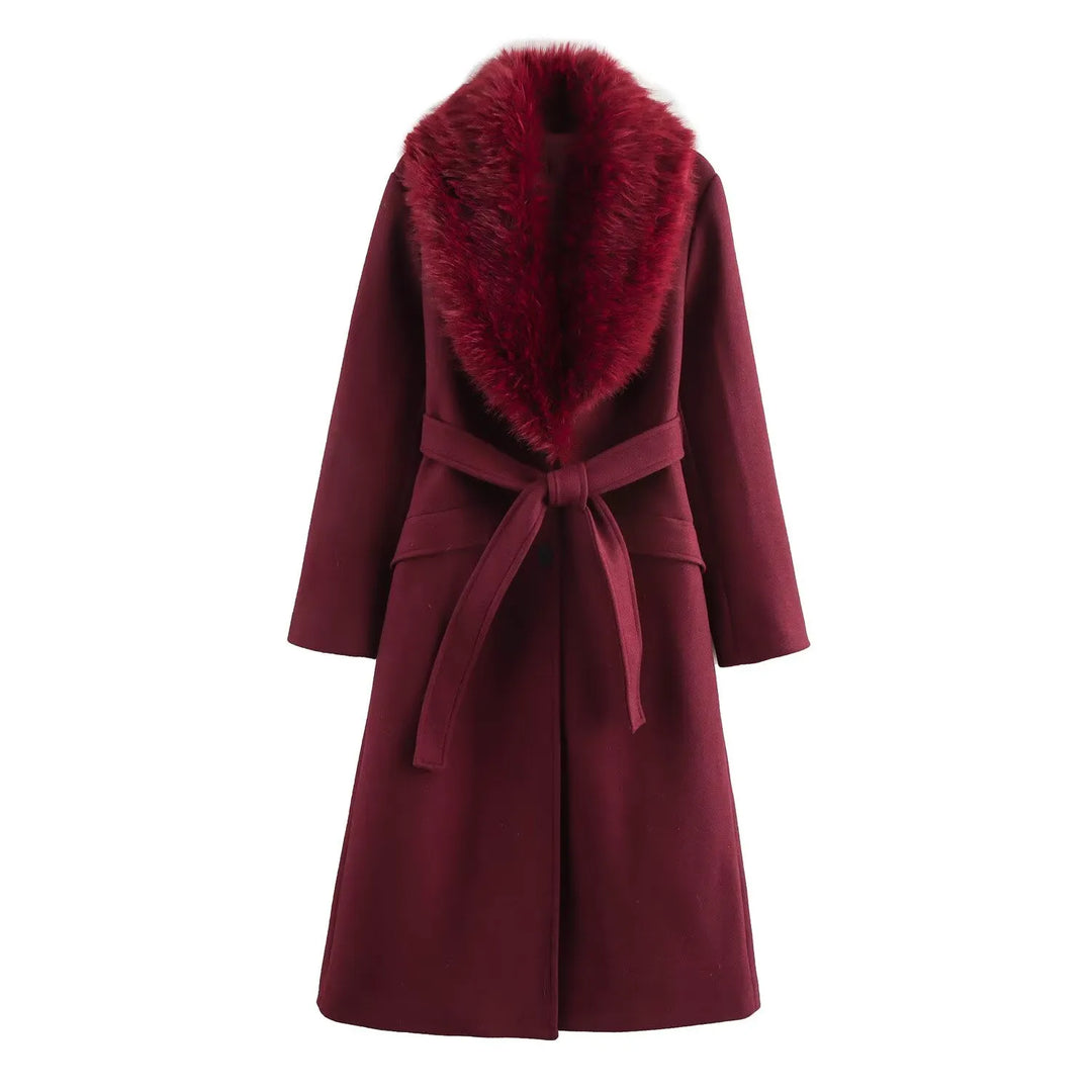 Women's Long Belted Coat with Luxe Faux-Fur Collar