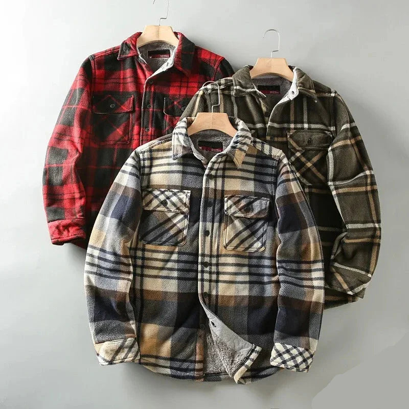 Men’s Red & Black Plaid Fleece-Lined Shirt Jacket