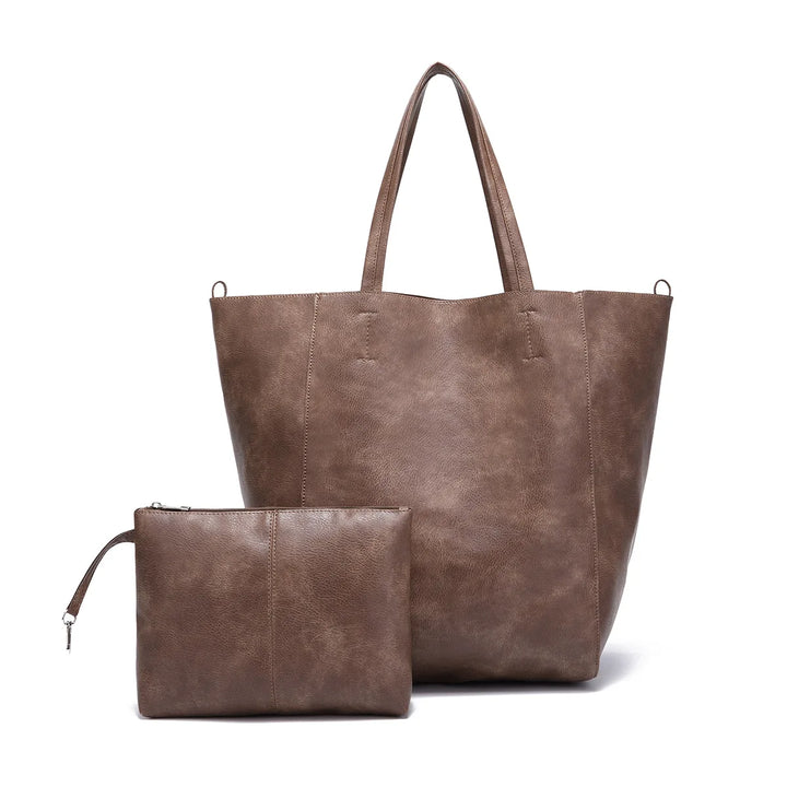 Oversized Faux Leather Tote Bag with Matching Zipper Pouch