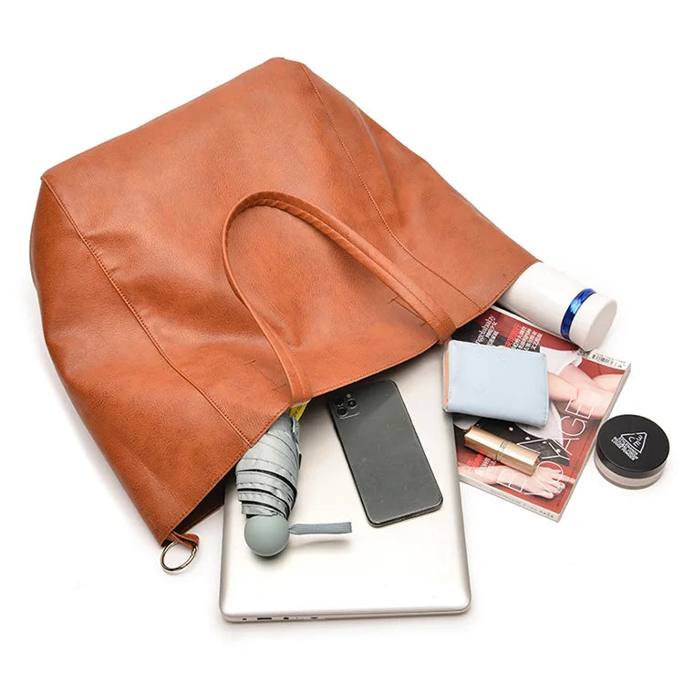 Oversized Faux Leather Tote Bag with Matching Zipper Pouch