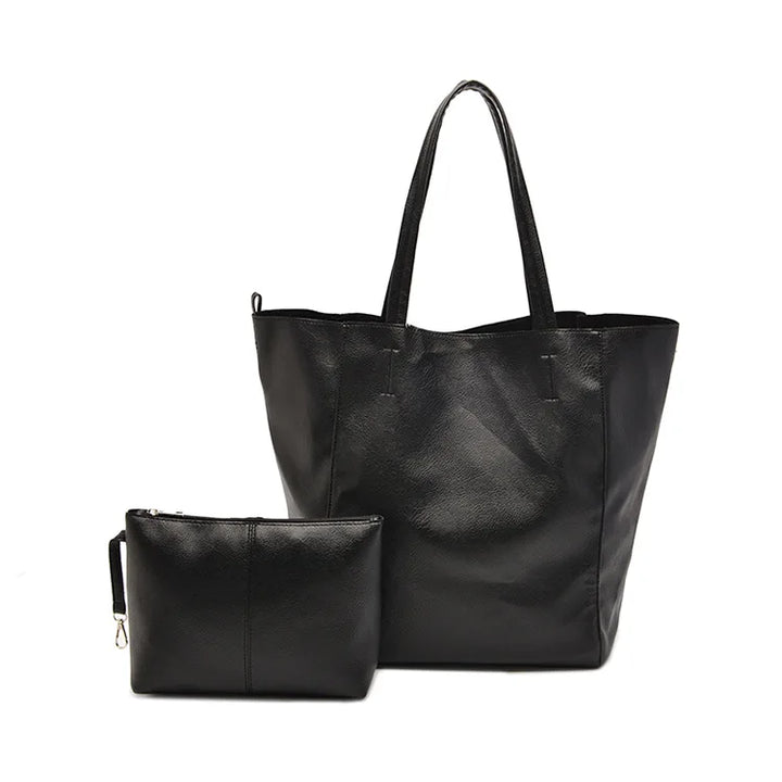 Oversized Faux Leather Tote Bag with Matching Zipper Pouch