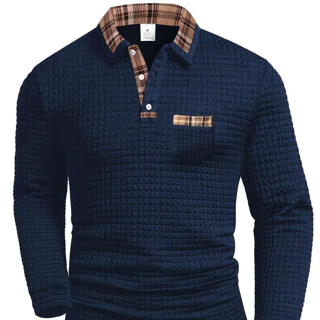 Men’s Textured Long-Sleeve Polo Shirt with Plaid Collar - Heston Manor