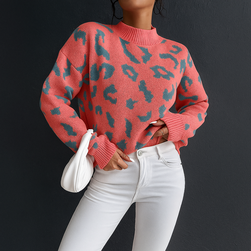 Women's Coral Leopard Print Crew Neck Sweater