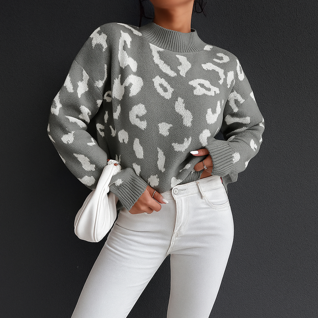 Women's Coral Leopard Print Crew Neck Sweater