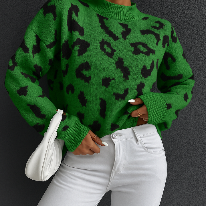 Women's Coral Leopard Print Crew Neck Sweater