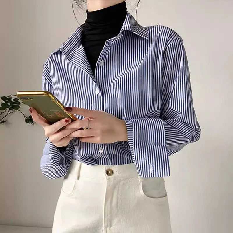 Women’s Blue Striped Button-Up Shirt - Heston Manor