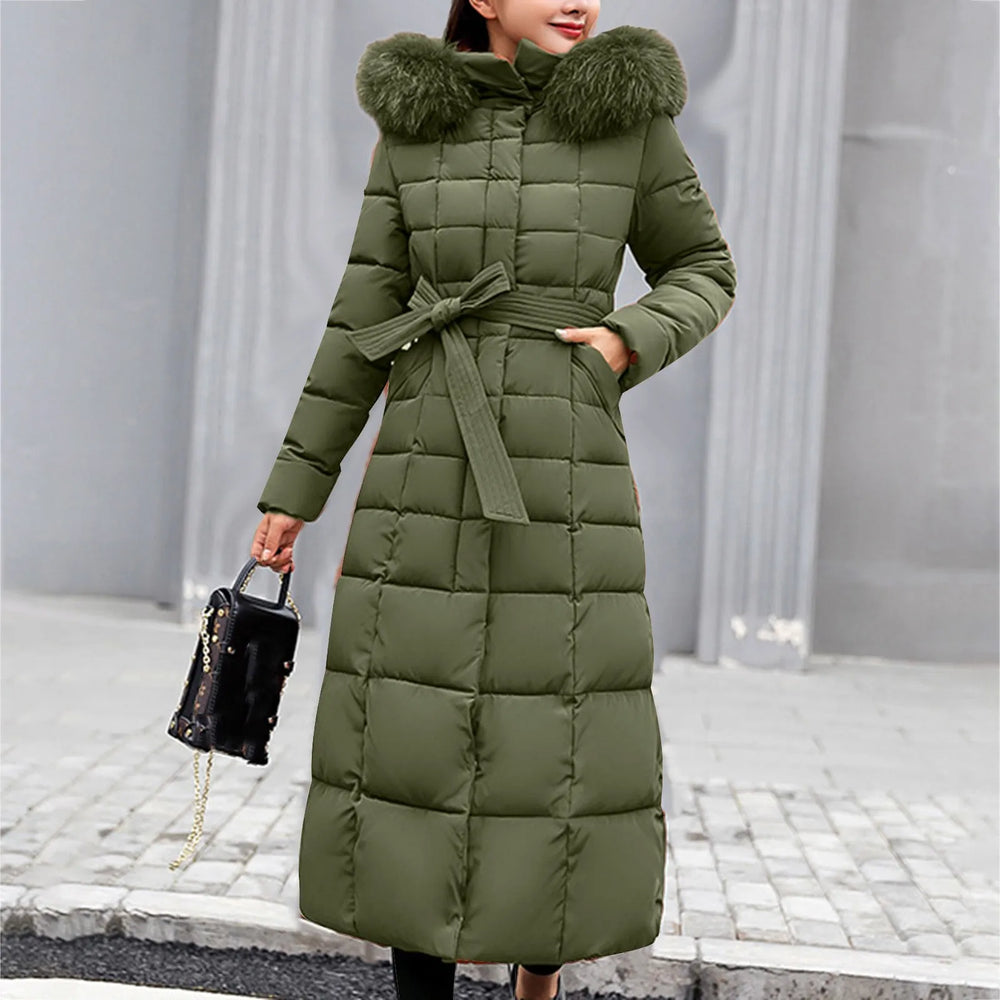 Women’s Belted Puffer Coat with Faux Fur Collar - Heston Manor