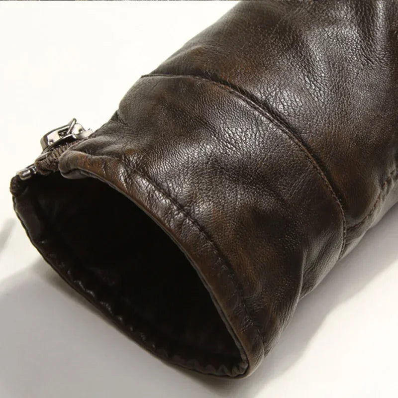 Men’s Vintage Leather Moto Jacket with Warm Polyester Lining