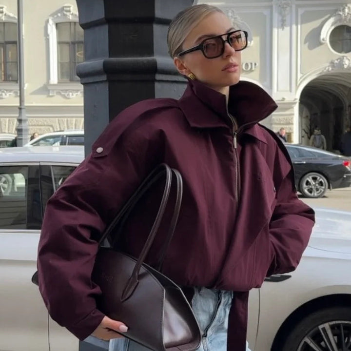 Women’s Burgundy Zipper Bomber Jacket