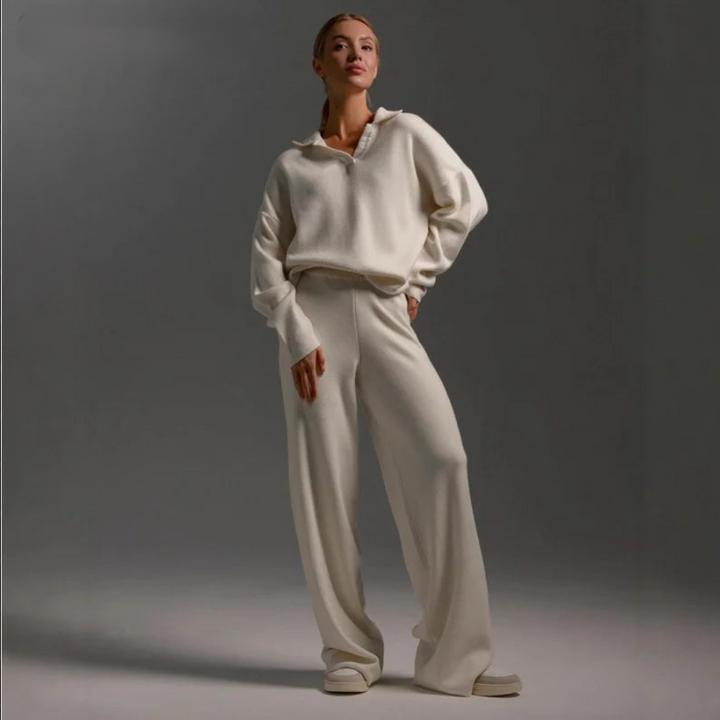 Women’s Wide Leg Knit Two-Piece Polo Set Polo Collar