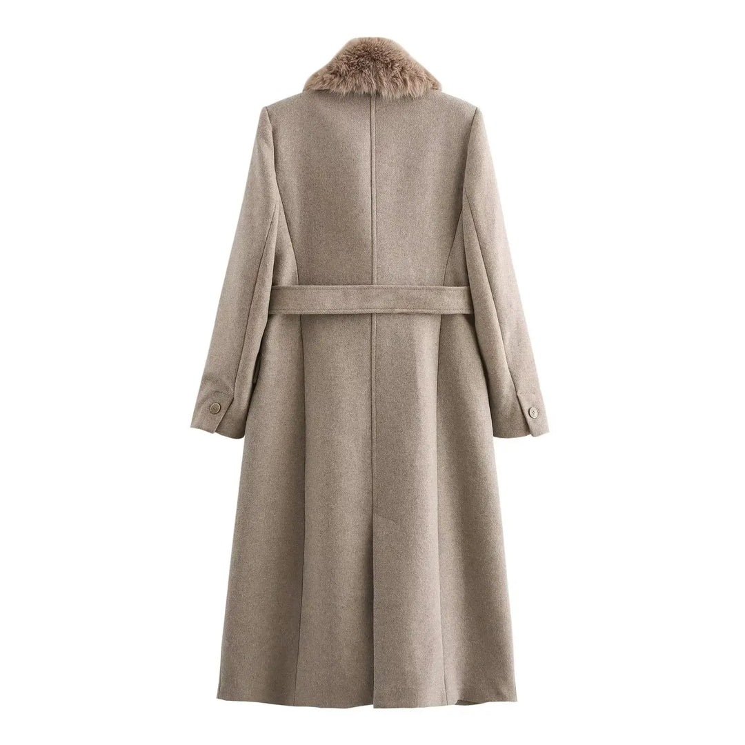 Women's Long Belted Coat with Luxe Faux-Fur Collar