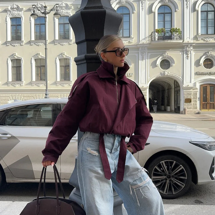 Women’s Burgundy Zipper Bomber Jacket
