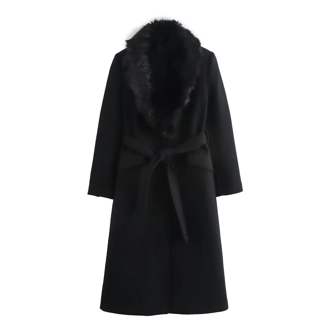 Women's Long Belted Coat with Luxe Faux-Fur Collar