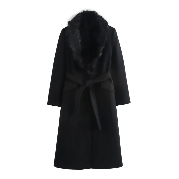 Women's Long Belted Coat with Luxe Faux-Fur Collar