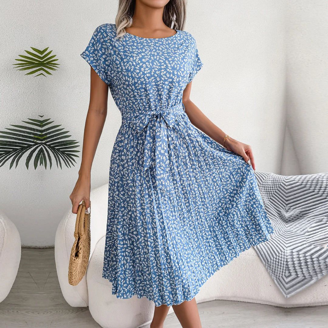 Women's Floral Print Short Sleeve Pleated Midi A-Line Dress - Heston Manor