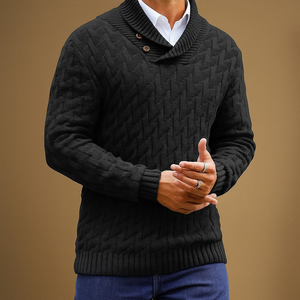 Men’s Black Shawl Collar Sweater – Textured Knit Pullover - Heston Manor