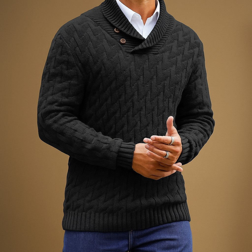 Men’s Black Shawl Collar Sweater – Textured Knit Pullover - Heston Manor