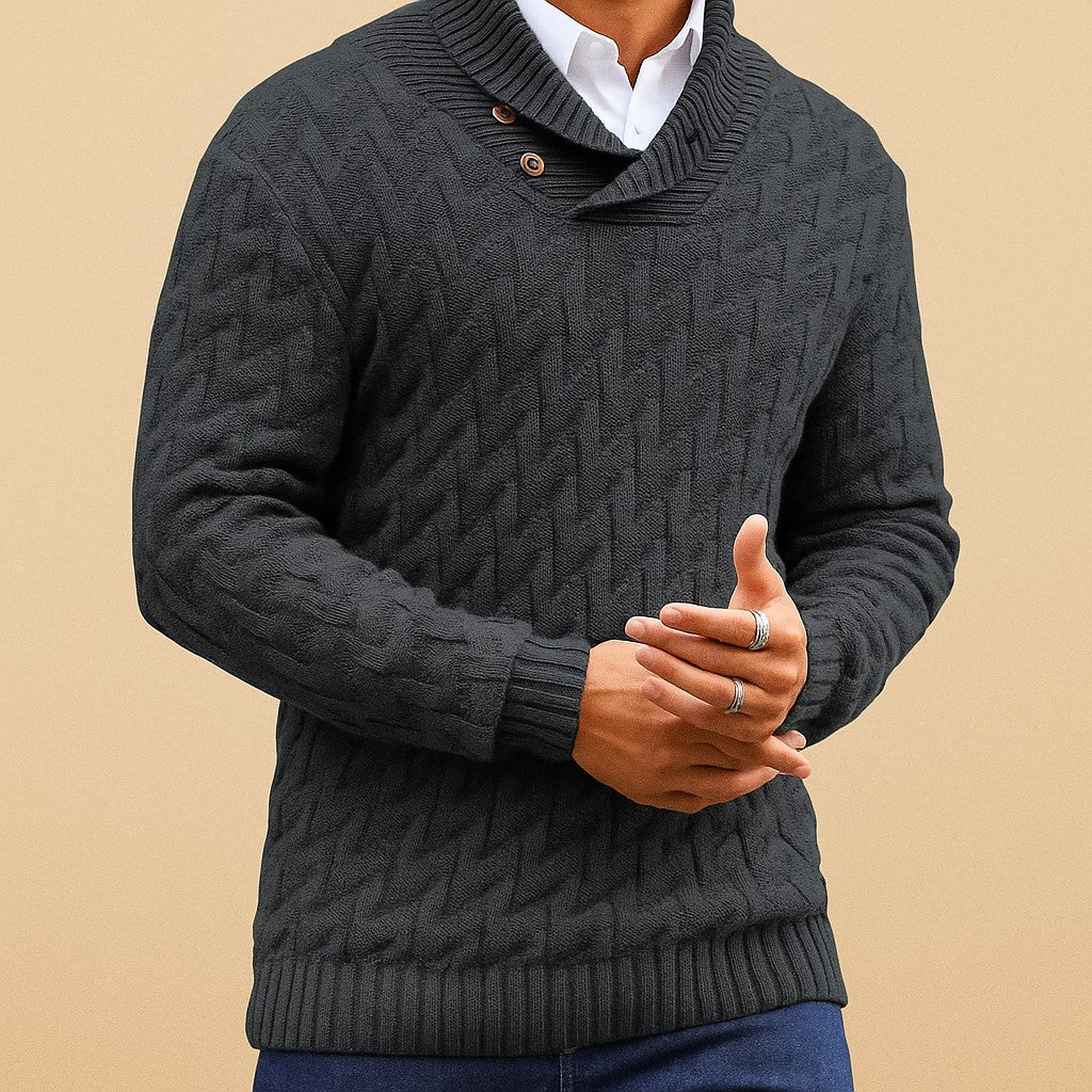 Men’s Black Shawl Collar Sweater – Textured Knit Pullover - Heston Manor